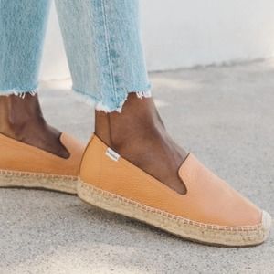 SOLUDOS Anthropologie Tan Carmel Leather Platform Espadrilles Jute Slides size 8